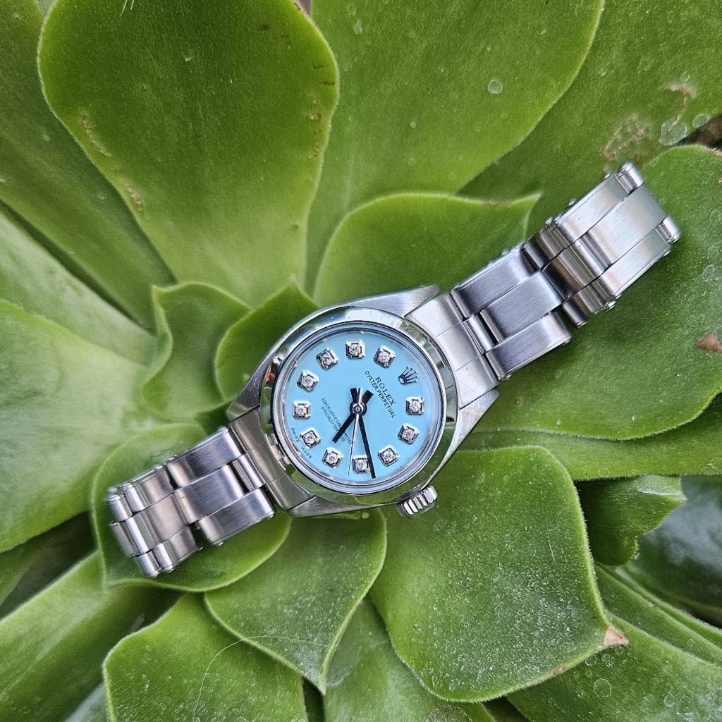 Sale Rolex Ladies 25mm Oyster Perpetual Turquoise Diamond Steel Watch
